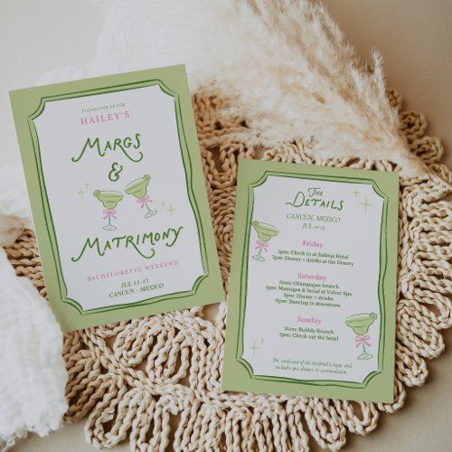 Margs &amp; Matrimony Bachelorette Pink Itinerary Invitation