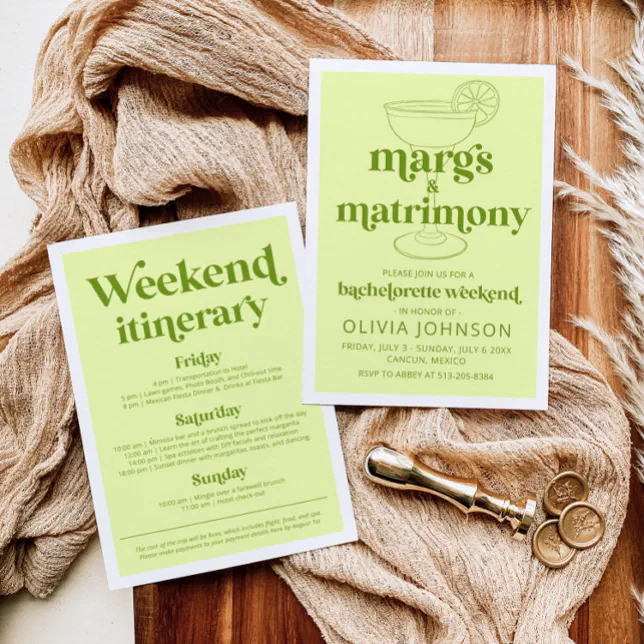 Margs & Matrimony Bachelorette Weekend Itinerary Invitation
