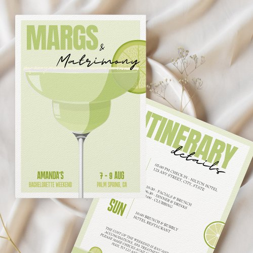 Margs  Matrimony Bachelorette Weekend itinerary Invitation