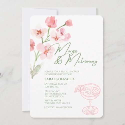 Margs & Matrimony Bridal Shower Pink & Sage Floral Invitation