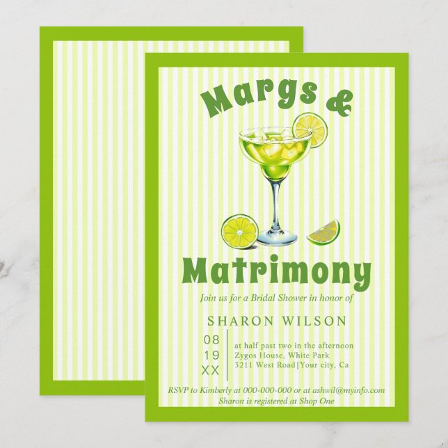 Margs & Matrimony cocktail green bridal shower Invitation (Front/Back)