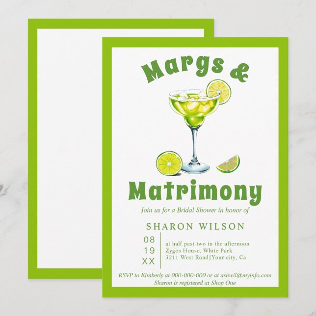 Margs & Matrimony cocktail green bridal shower Invitation (Front/Back)