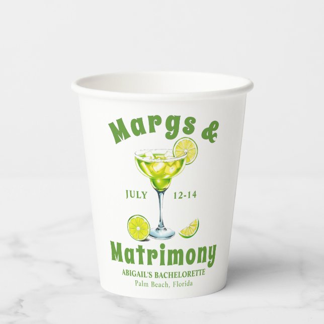 Margs & Matrimony cocktail lime green bachelorette Paper Cups (Back)