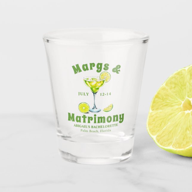 Margs & Matrimony cocktail lime green bachelorette Shot Glass (Front)