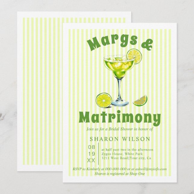 Margs & Matrimony cocktail stripes bridal shower I Invitation (Front/Back)