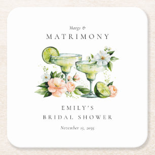 Margs & Matrimony Floral Bridal Shower Square Paper Coaster