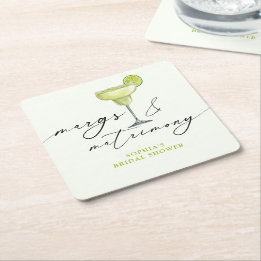 Margs & Matrimony Green Lime Bridal Shower Square Paper Coaster