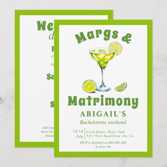 Margs & Matrimony lime green bachelorette weekend Invitation (Front/Back)