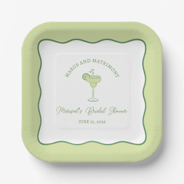 "Margs & Matrimony" Lime Margarita Bridal Shower Paper Plates (Front)