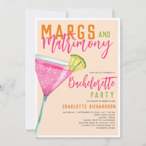 Margs  Matrimony Margarita Orange Bachelorette  Invitation