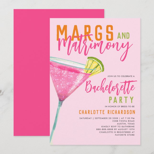 Margs & Matrimony Pink Margarita Bachelorette Bash Invitation (Front/Back)