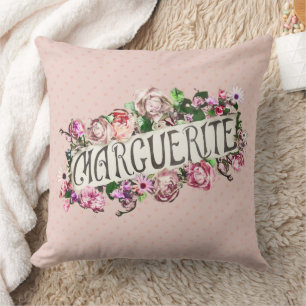 Marguerite Name Vintage Floral Banner Cute & Girly Throw Pillow