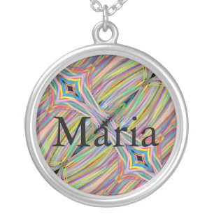 Maria name with abstract art background rainbow-li silver plated necklace