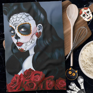 Maria Sugar Skull Red Roses Kitchen Towel