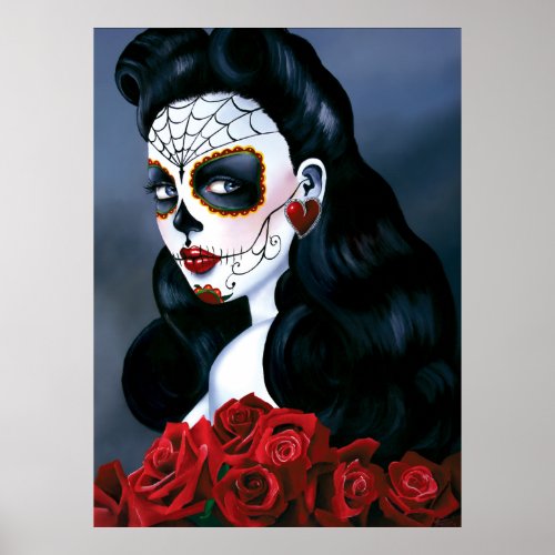 Maria Sugar Skull Red Roses Poster