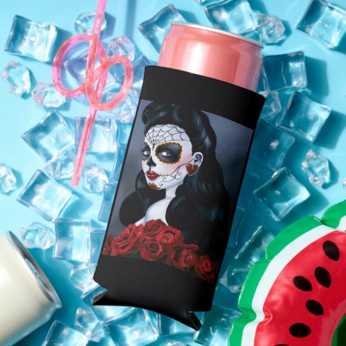 Maria Sugar Skull Red Roses  Seltzer Can Cooler