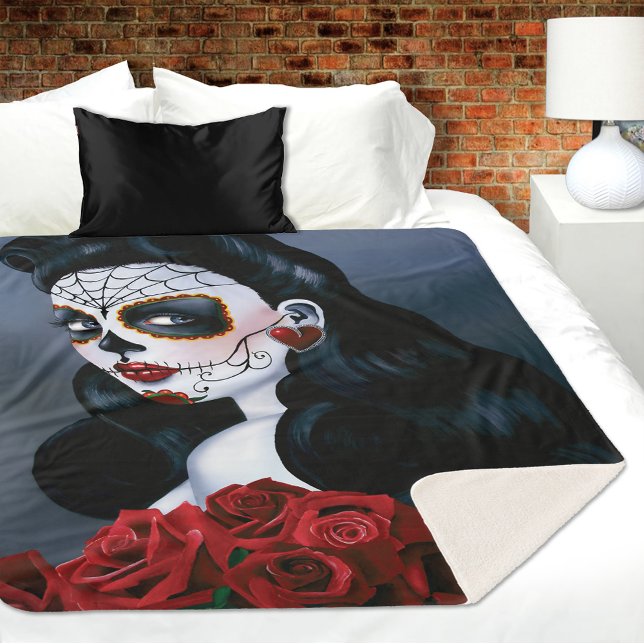 Maria Sugar Skull Red Roses  Sherpa Blanket (Creator Uploaded)