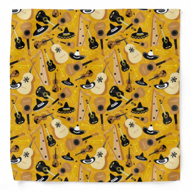 Mariachi Band Instrument Pattern on Golden Yellow Bandana (Front)