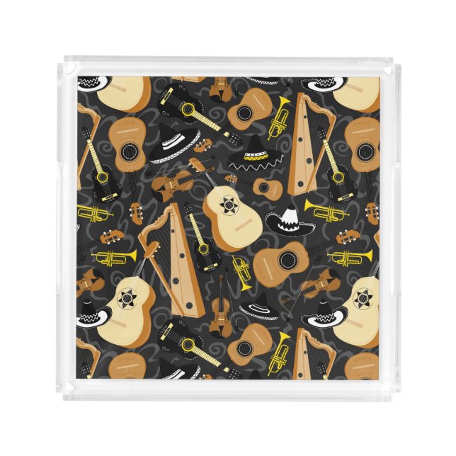 Mariachi Band Musical Instrument Pattern on Grey Acrylic Tray (Front)