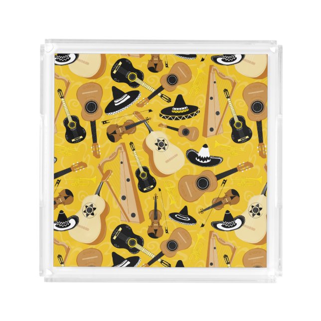 Mariachi Band Musical Instrument Pattern on Yellow Acrylic Tray (Front)