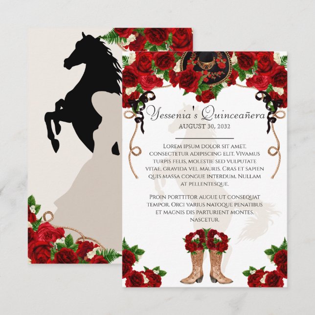Mariachi Charro Red Rose Quinceanera Info Enclosure Card (Front/Back)
