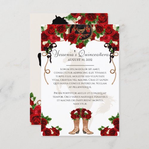 Mariachi Charro Red Rose Quinceanera Info Enclosure Card