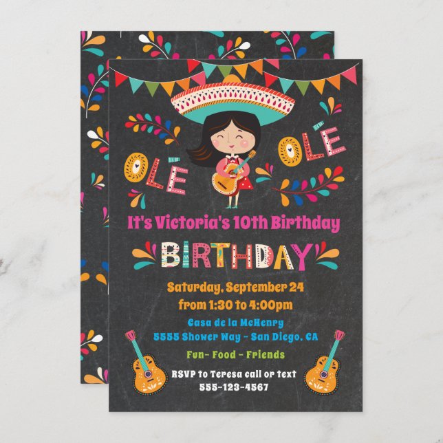 Mariachi Girl Mexcian Fiesta Birthday Party Invitation (Front/Back)