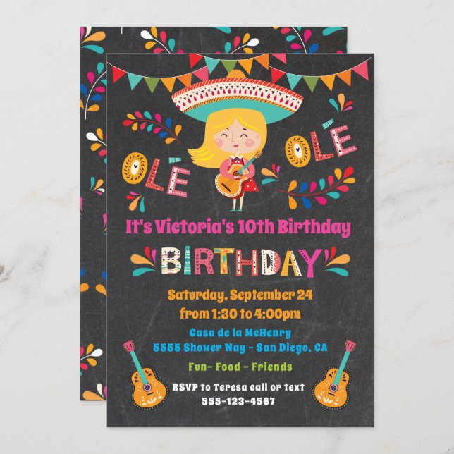 Mariachi Girl Mexcian Fiesta Birthday Party Invitation (Front/Back)