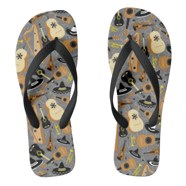 Mariachi Musical Instruments on Grey Flip Flops (Footbed)