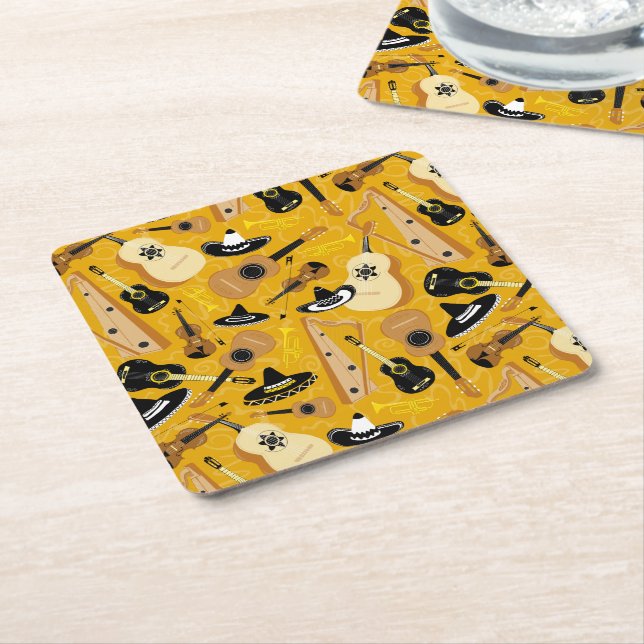 Mariachi Orchestra Pattern on Golden Yellow Square Paper Coaster (Angled)