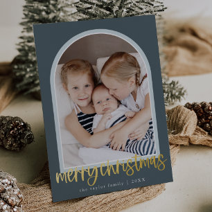 MARIAH Blue Foil Arch Family Photo Merry Christmas Holiday Card