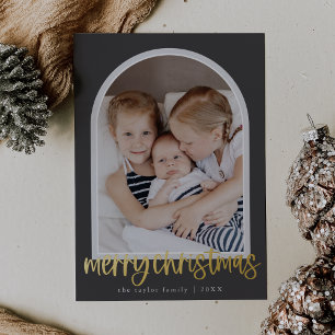 MARIAH Gray Foil Arch Family Photo Merry Christmas Holiday Card