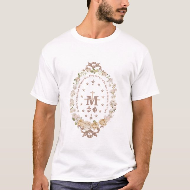 Marian Catholic Virgin Mary, Marian Cross Floral   T-Shirt (Front)