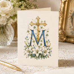 Marian Cross Blue Floral Scripture Monogram Thank You Card