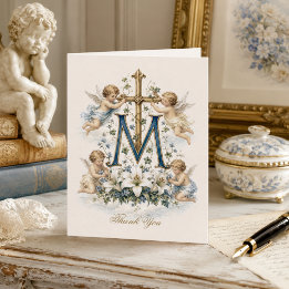 Marian Cross Cherub Angels Blue Floral Thank You Card
