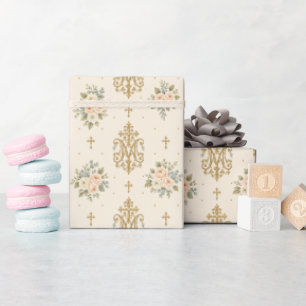 Marian Cross Roses Traditional Catholic Wedding Wrapping Paper
