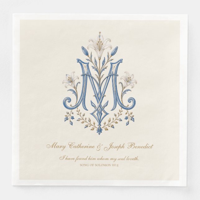 Marian Monogram Catholic Wedding w/Scripture Paper Dinner Napkins (Front)