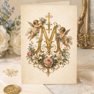 Marian Monogram Cherubs Floral Catholic Thank You Card