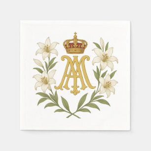 Marian Monogram Gold Crown White Lily Catholic Napkins