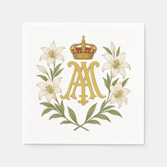 Marian Monogram Gold Crown White Lily Catholic  Napkins (Front)