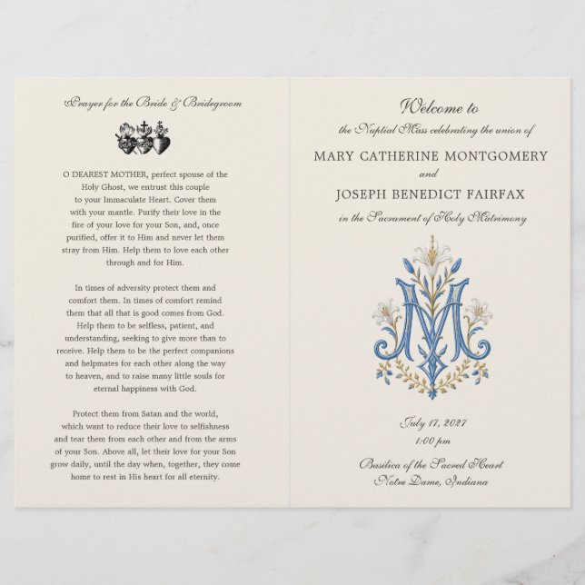 Marian Monogram Latin Mass Wedding Program  (Front)