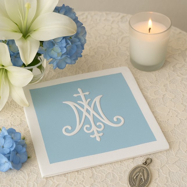 Marian Monogram Religious Catholic Blue White Napkins (Creator Uploaded)