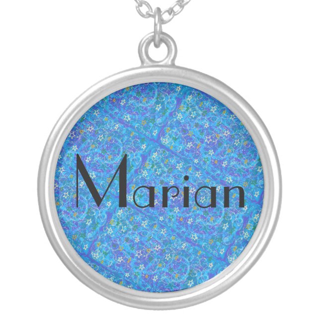 Marian name with abstract blue background silver plated necklace (Front)