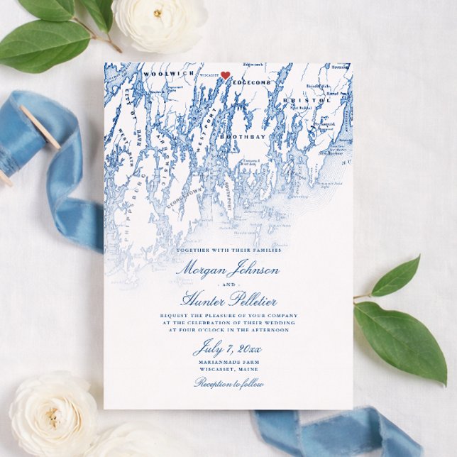 Marianmade Farm Wedding Wiscasset Maine Map Invitation (Marianmade Farm Wedding Wiscasset Maine Map Invitation in elegant navy blue by Coastal Map Designs)