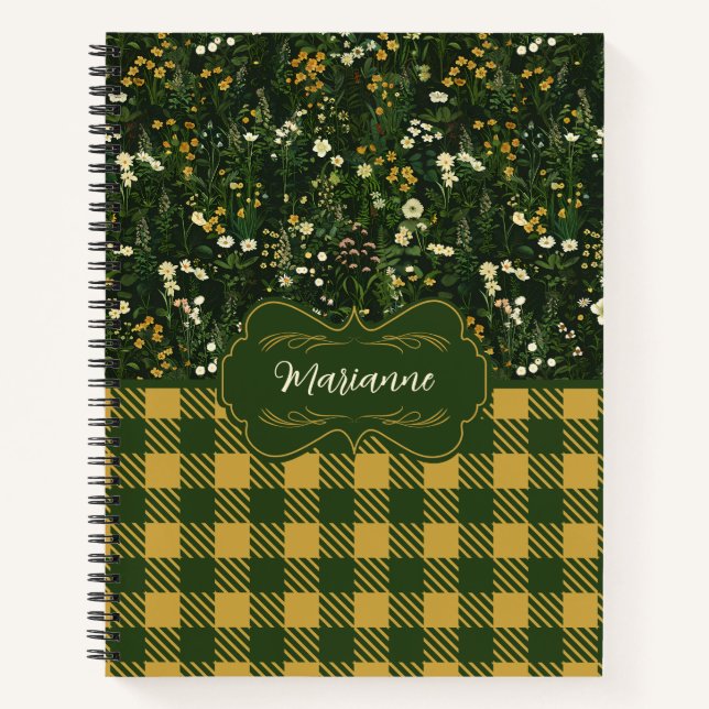 Marianne Dark Daisy Floral Plaid Deluxe Notebook (Front)