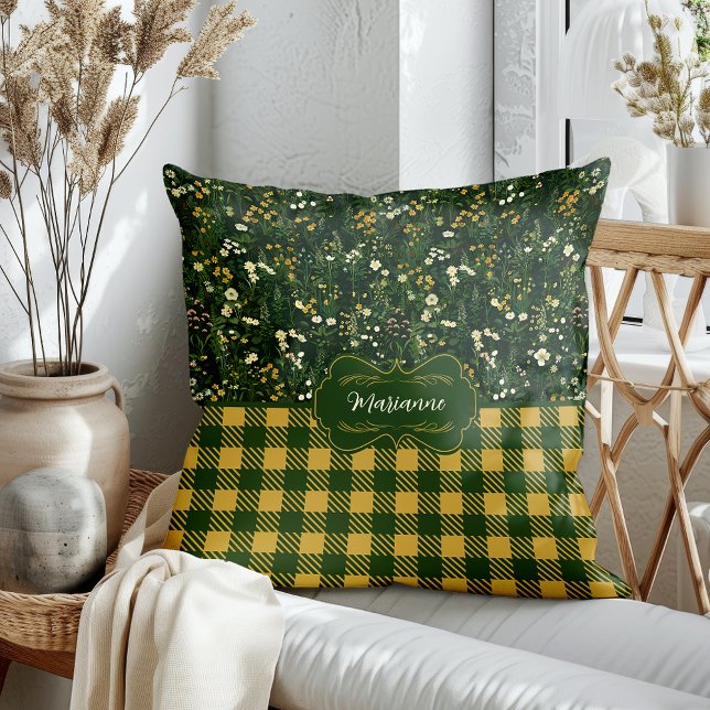 Marianne Dark Daisy Floral Plaid Throw Pillow (Creator Uploaded)