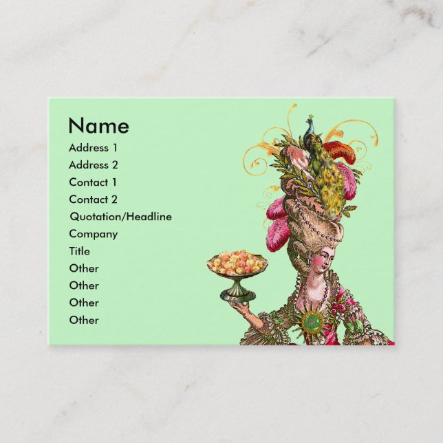Marie Antoinette Cake & Peacock Business Card (Front)