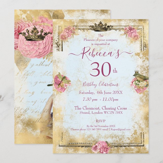 Marie Antoinette French inspired shabby  Invitation (Front/Back)