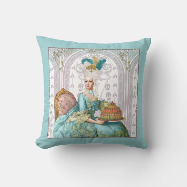 Marie Antoinette in Aqua with Cake Throw Pillow (Front)