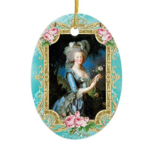 Marie Antoinette LeBrun Portrait Blue Damask Ornam Ceramic Ornament